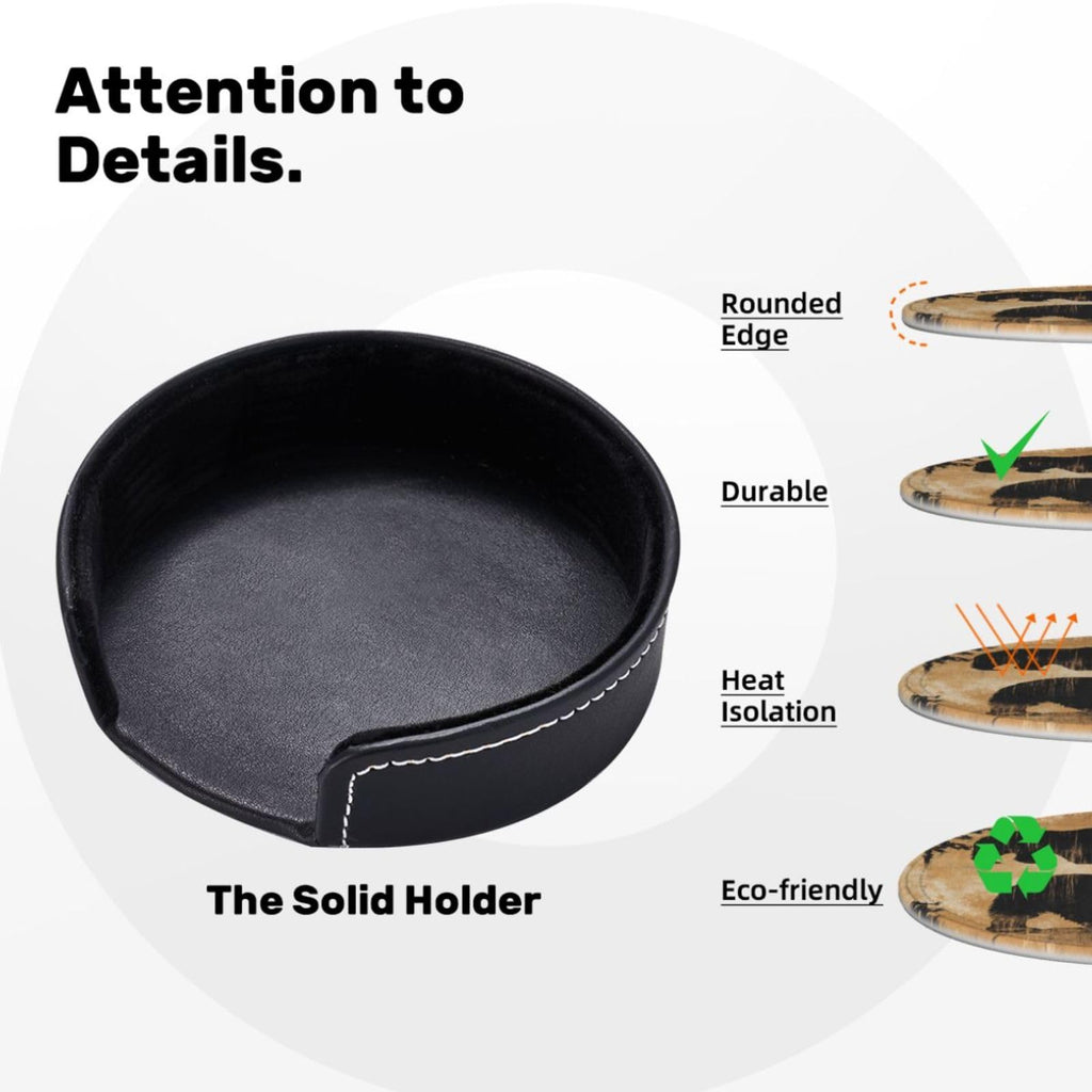 Black Leather Coasters with Holder V81502