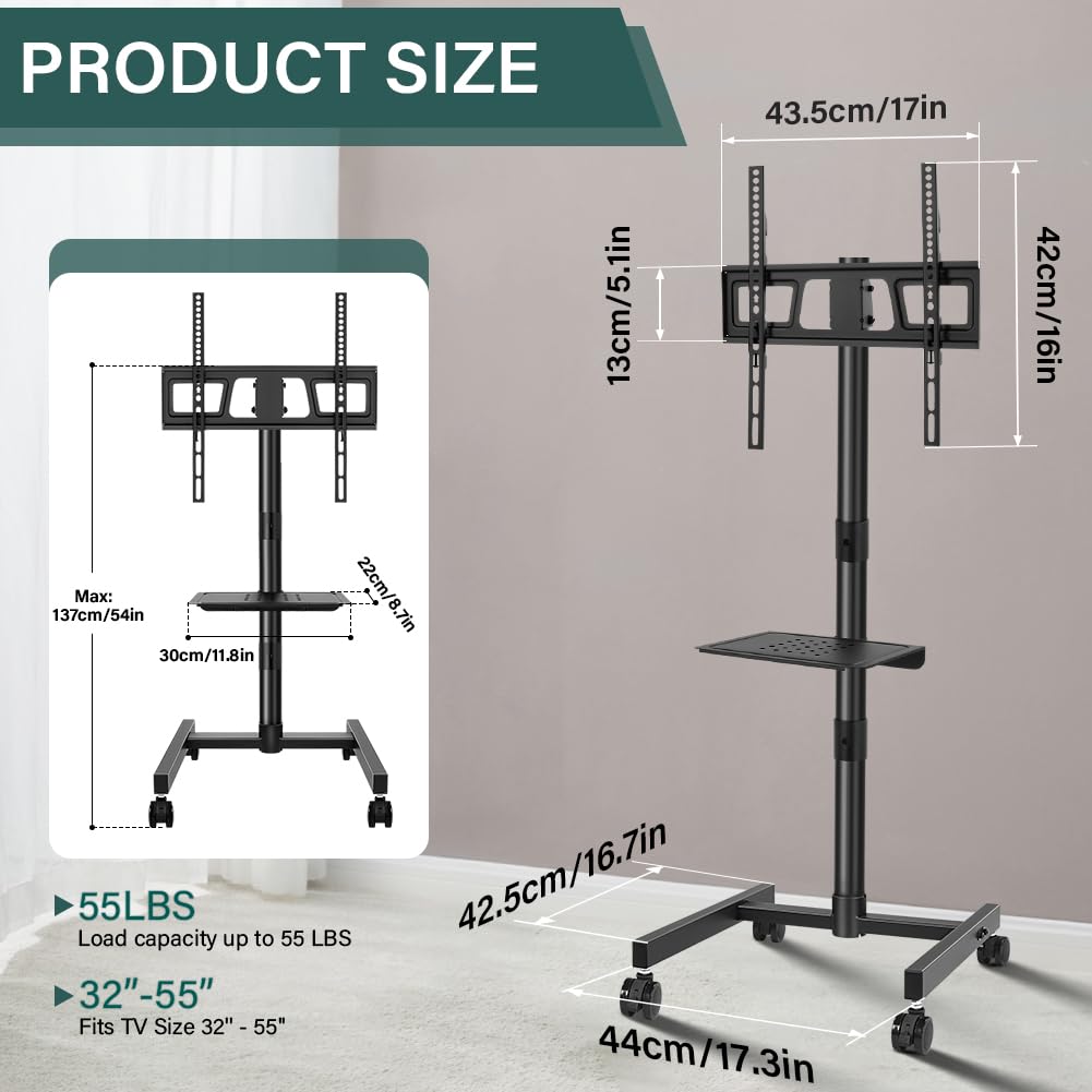 Rolling TV Stand with Wheels for 32-55Inch Screens up to 55lbs Black H33953