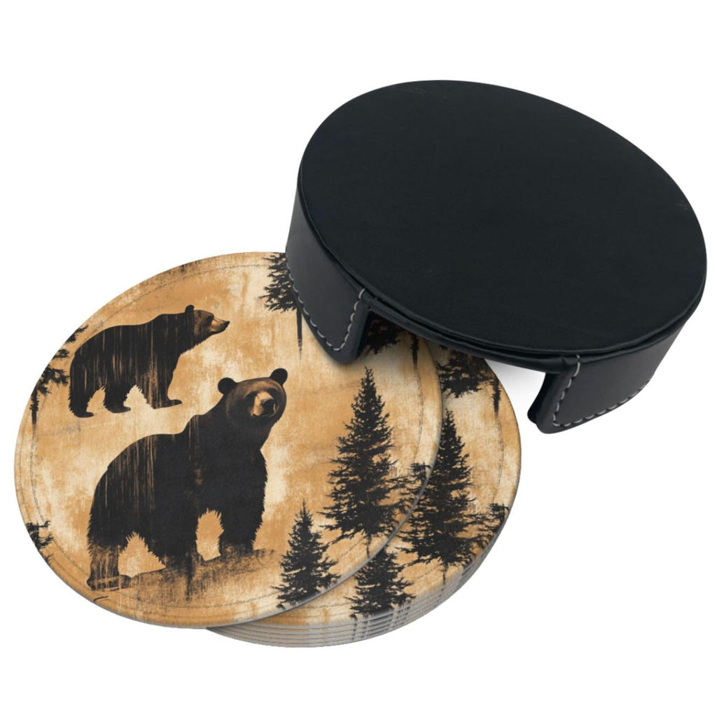 Black Leather Coasters with Holder V81502
