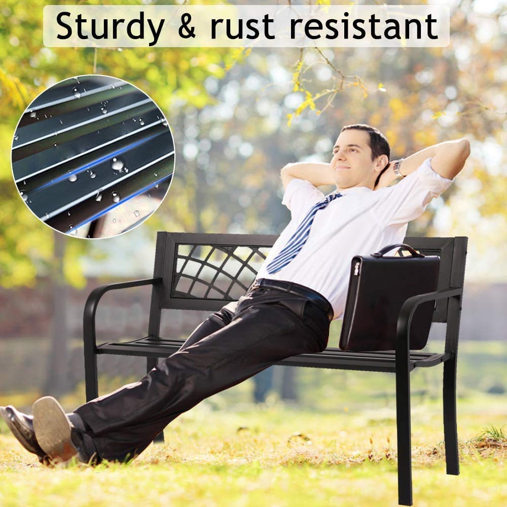 Black Metal Outdoor Patio Bench with Armrests A285