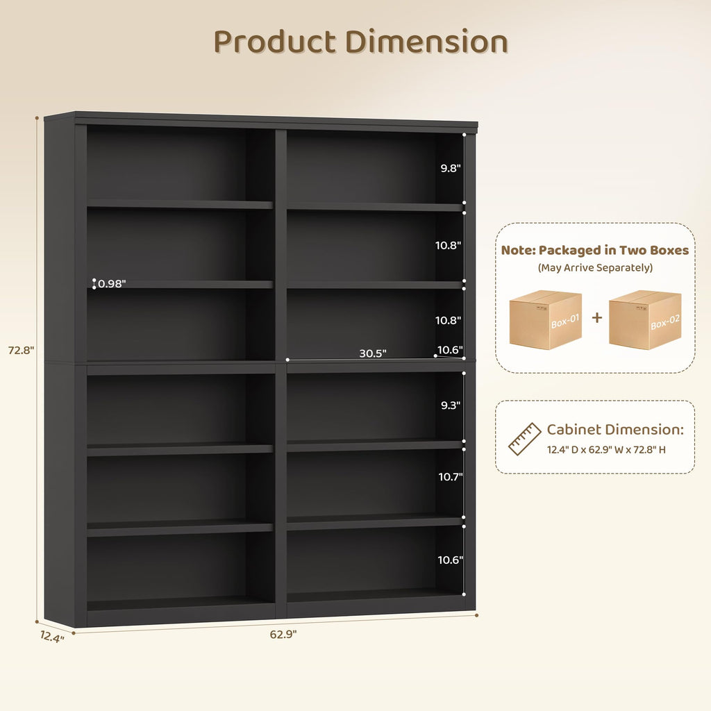 73" Tall Black 6-Tier Double Wide Bookshelf G672