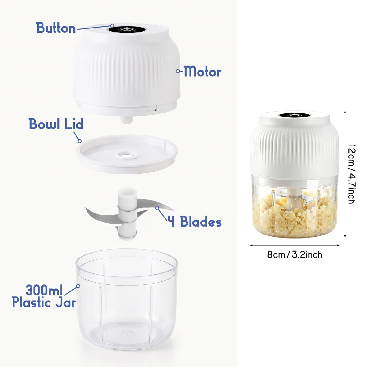 Electric Garlic Chopper, Mini Food Processor, Portable Cordless Garlic Mincer with 4 Stainless Steel Blades, Blue, 300ML Q17521