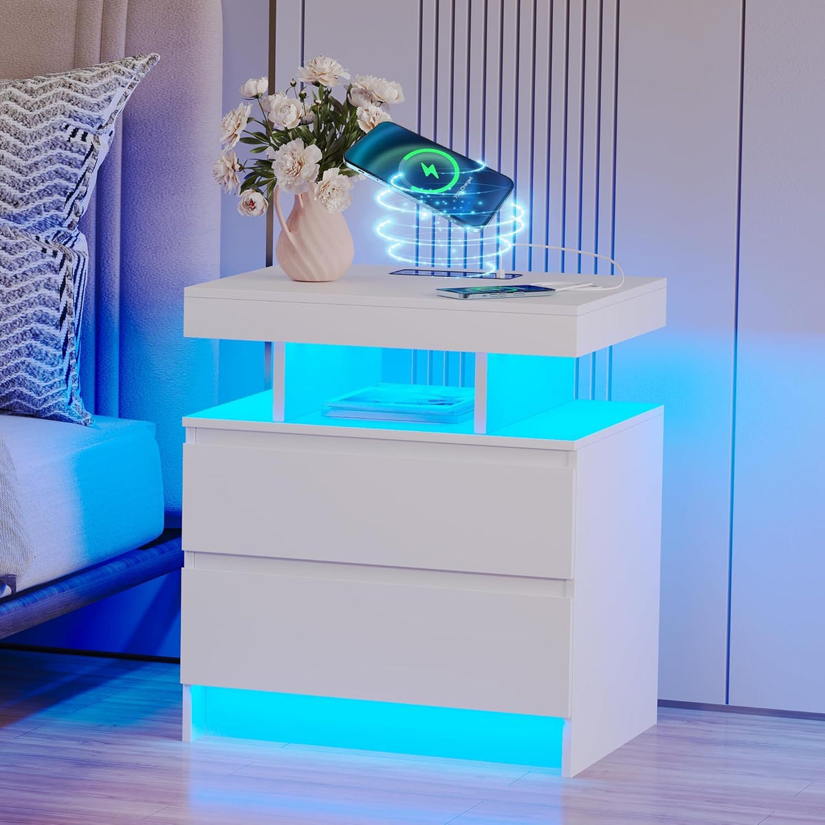 LED Nightstand with Charging Station White V57422