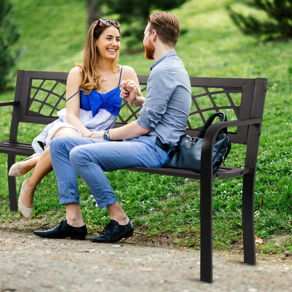 Black Metal Outdoor Patio Bench with Armrests A285
