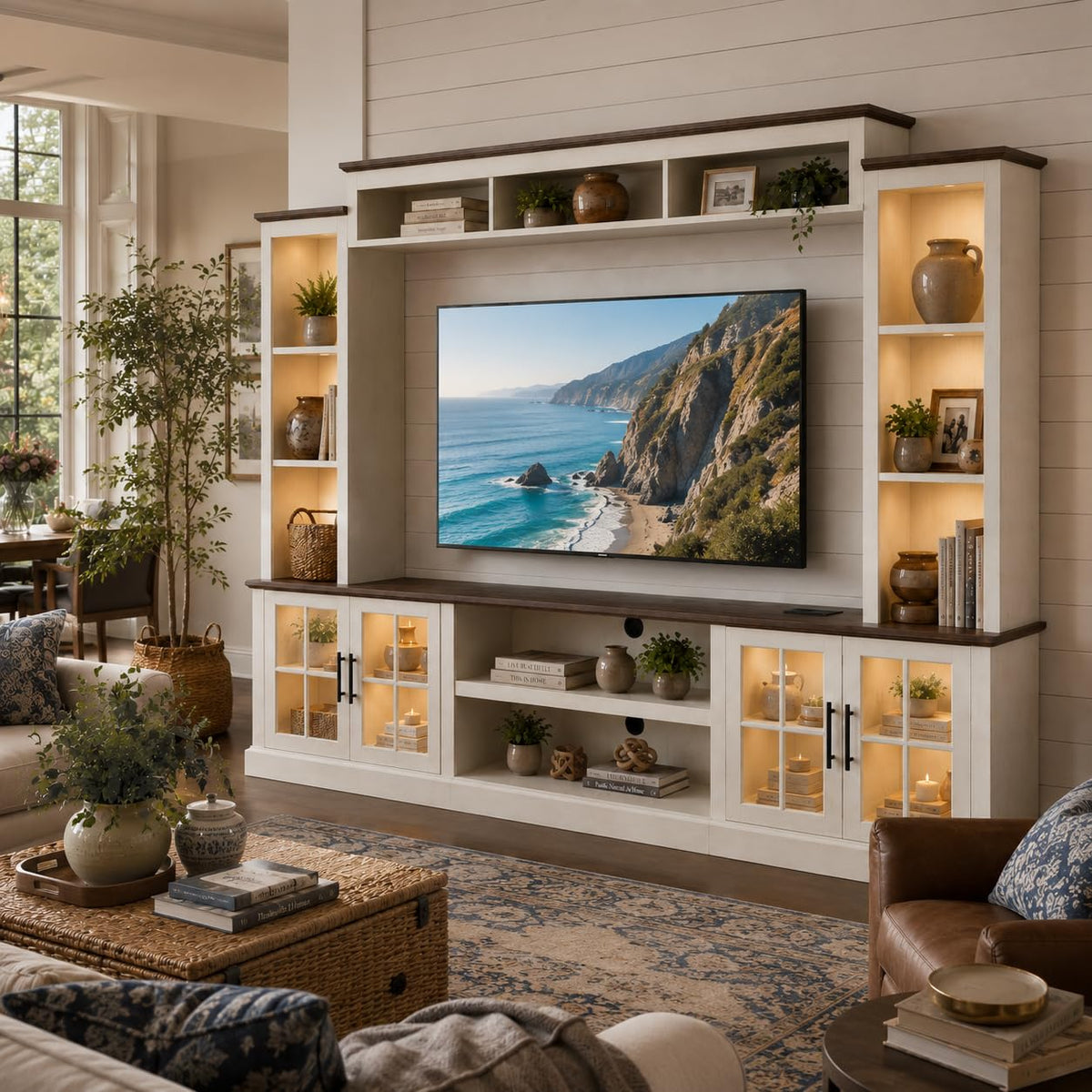 White TV Stand with Bookshelf Cabinet and Barn Doors X218