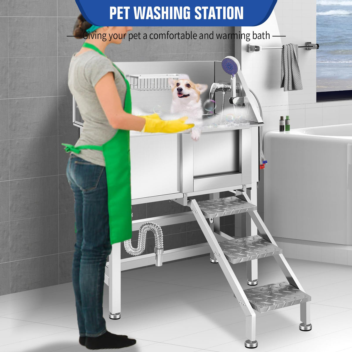 Stainless Steel Dog Washing Station with Stairs I60712