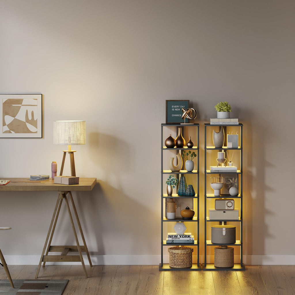 Black 7-Tier Narrow Bookshelf with LED Lights M697