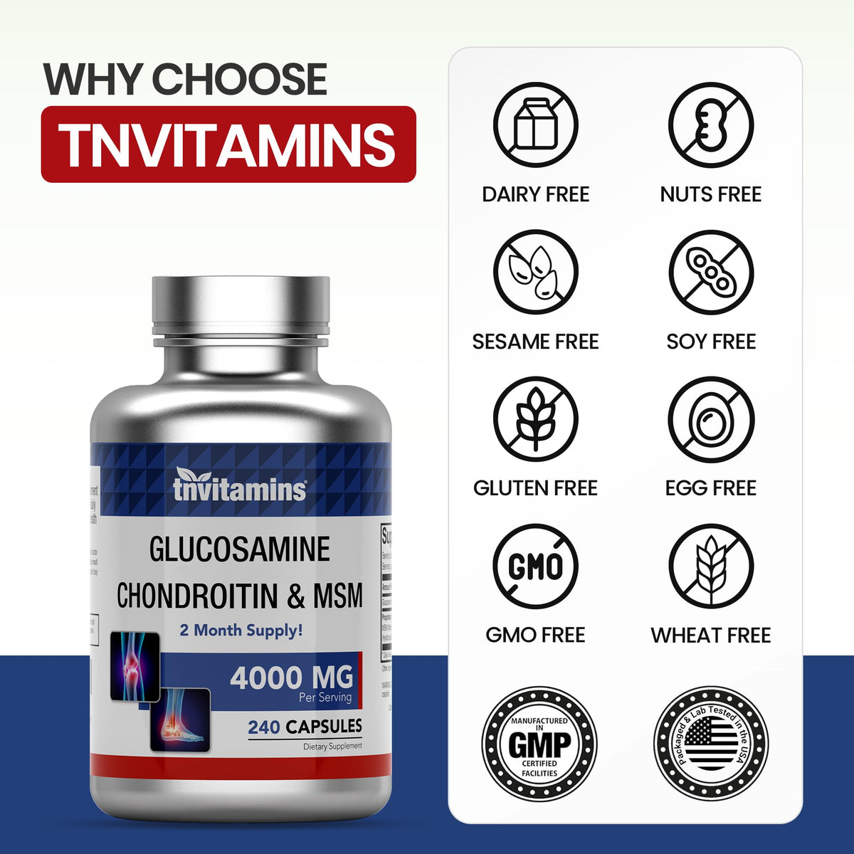 Glucosamine Chondroitin MSM 240 Capsules 4,000 mg Joint Support Supplement P11648