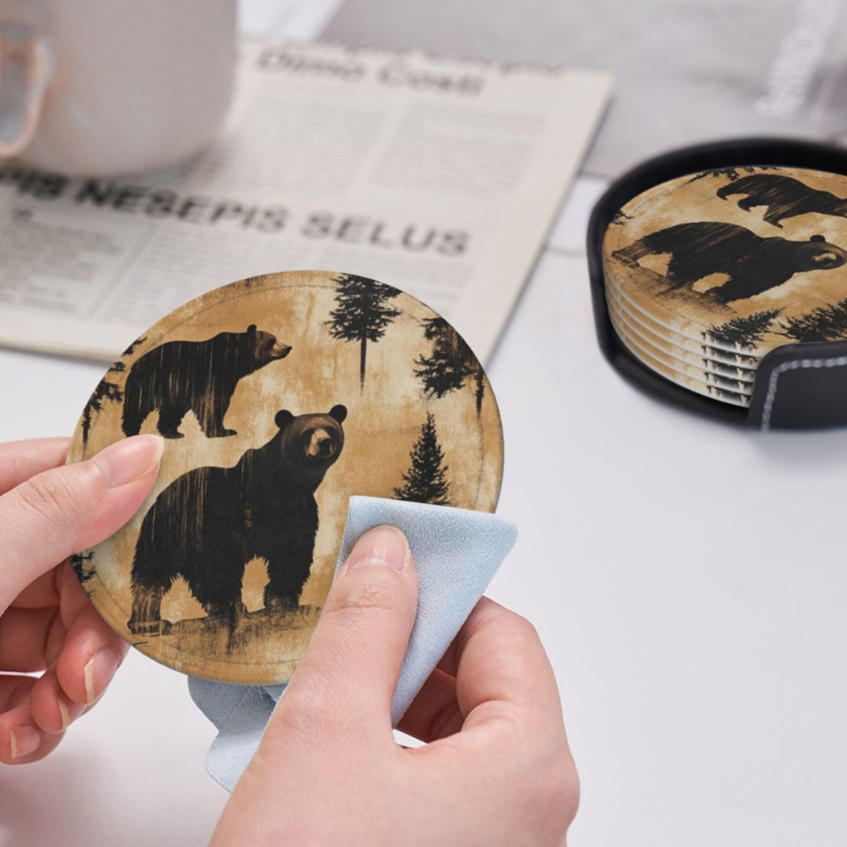 Black Leather Coasters with Holder V81502