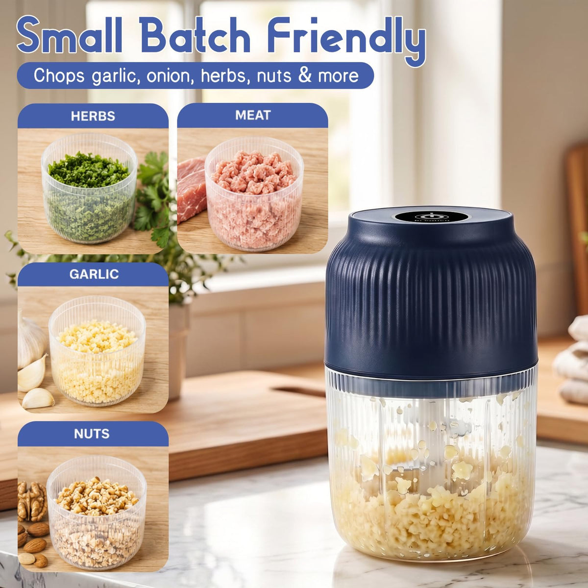 Electric Garlic Chopper, Mini Food Processor, Portable Cordless Garlic Mincer with 4 Stainless Steel Blades, Blue, 300ML Q17521