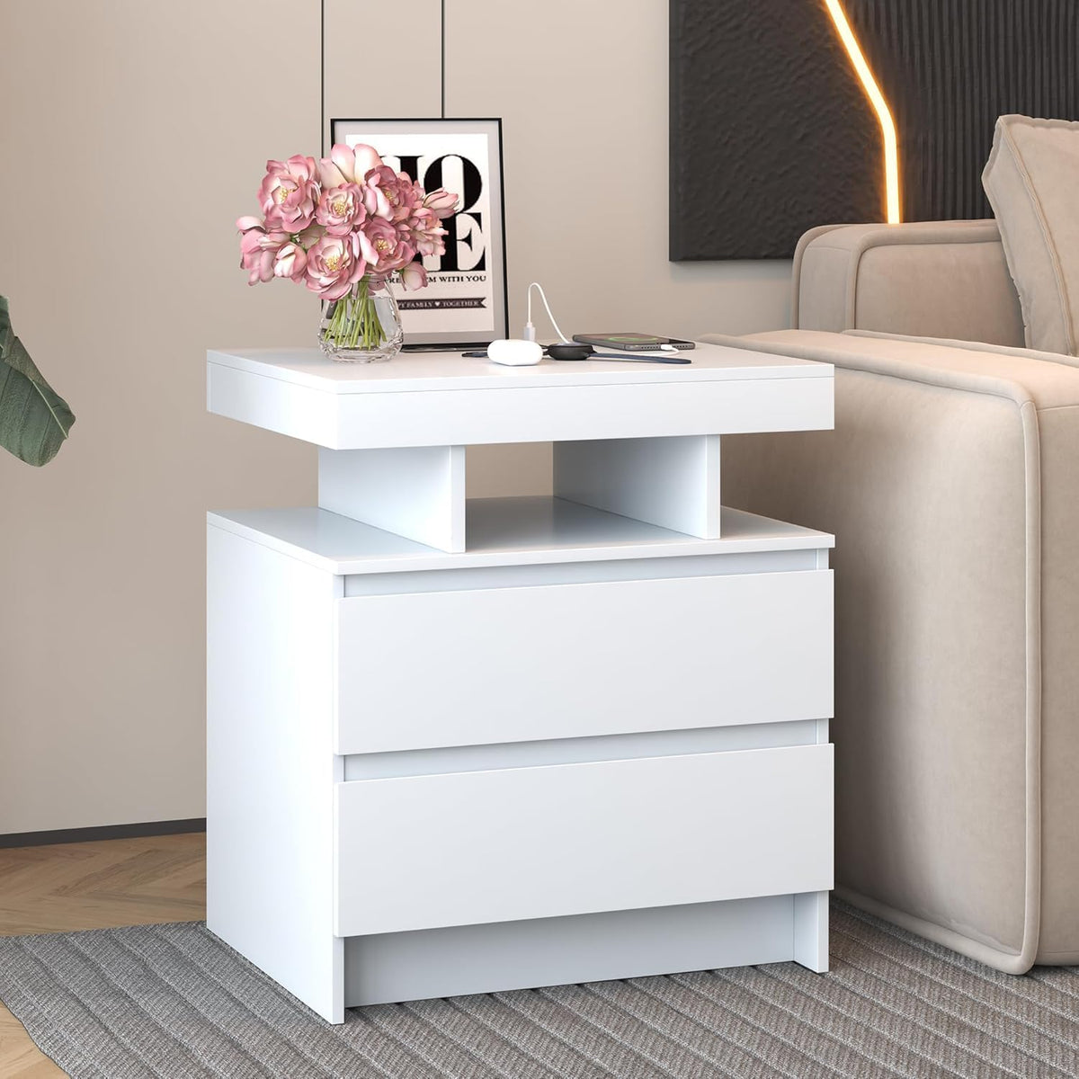 LED Nightstand with Charging Station White V57422