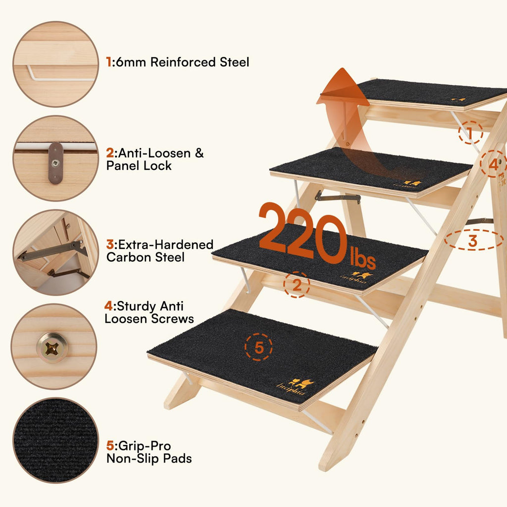 Wooden 4-Step Foldable Anti-Slip Dog Stairs R314