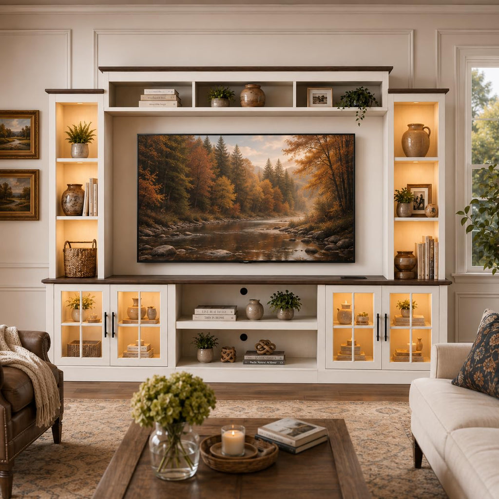 White TV Stand with Bookshelf Cabinet and Barn Doors X218