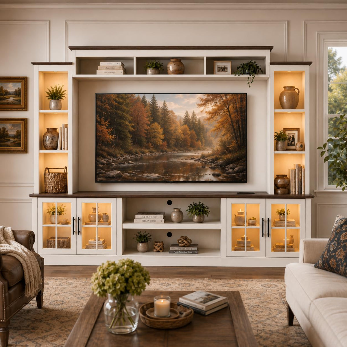 White TV Stand with Bookshelf Cabinet and Barn Doors X218