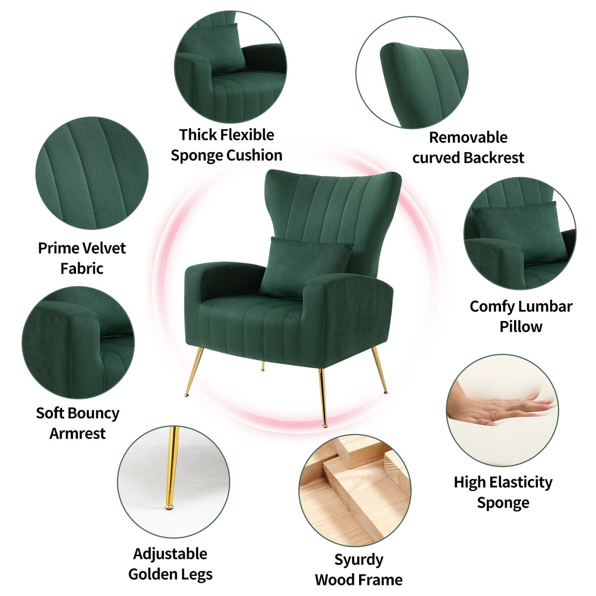 Green Velvet Accent Chairs Set of 2 with Lumbar Pillow Z698173