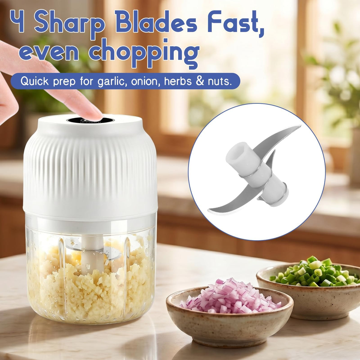 Electric Garlic Chopper, Mini Food Processor, Portable Cordless Garlic Mincer with 4 Stainless Steel Blades, Blue, 300ML Q17521