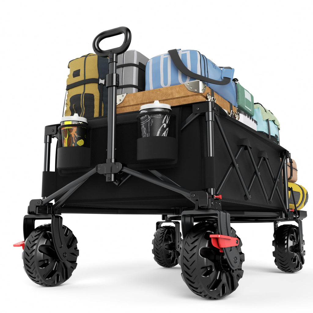 26" Extra Wide All Terrain Folding Wagon with Big Wheels, Cargo Net & Tailgate, 400lbs Heavy Duty Collapsible Cart, Black C88730