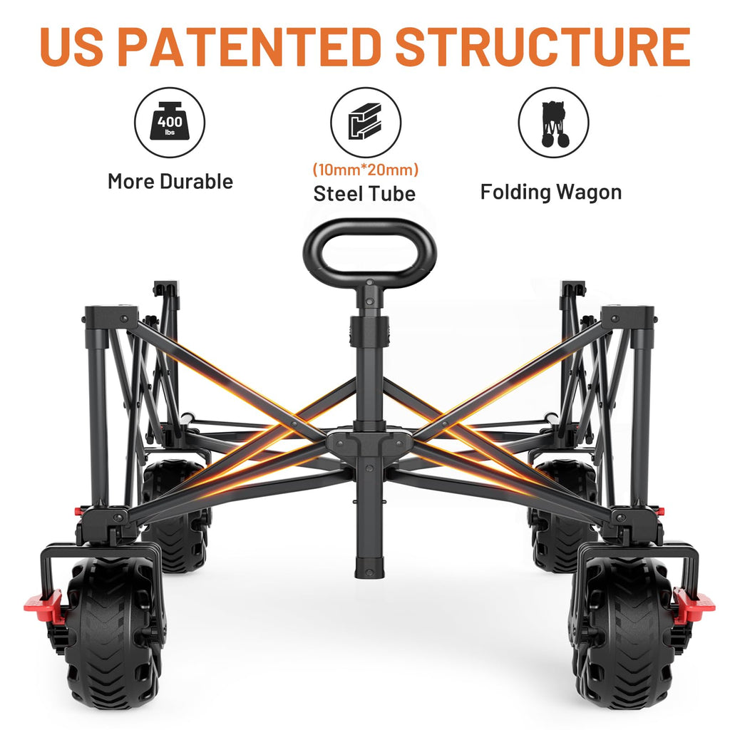 26" Extra Wide All Terrain Folding Wagon with Big Wheels, Cargo Net & Tailgate, 400lbs Heavy Duty Collapsible Cart, Black C88730