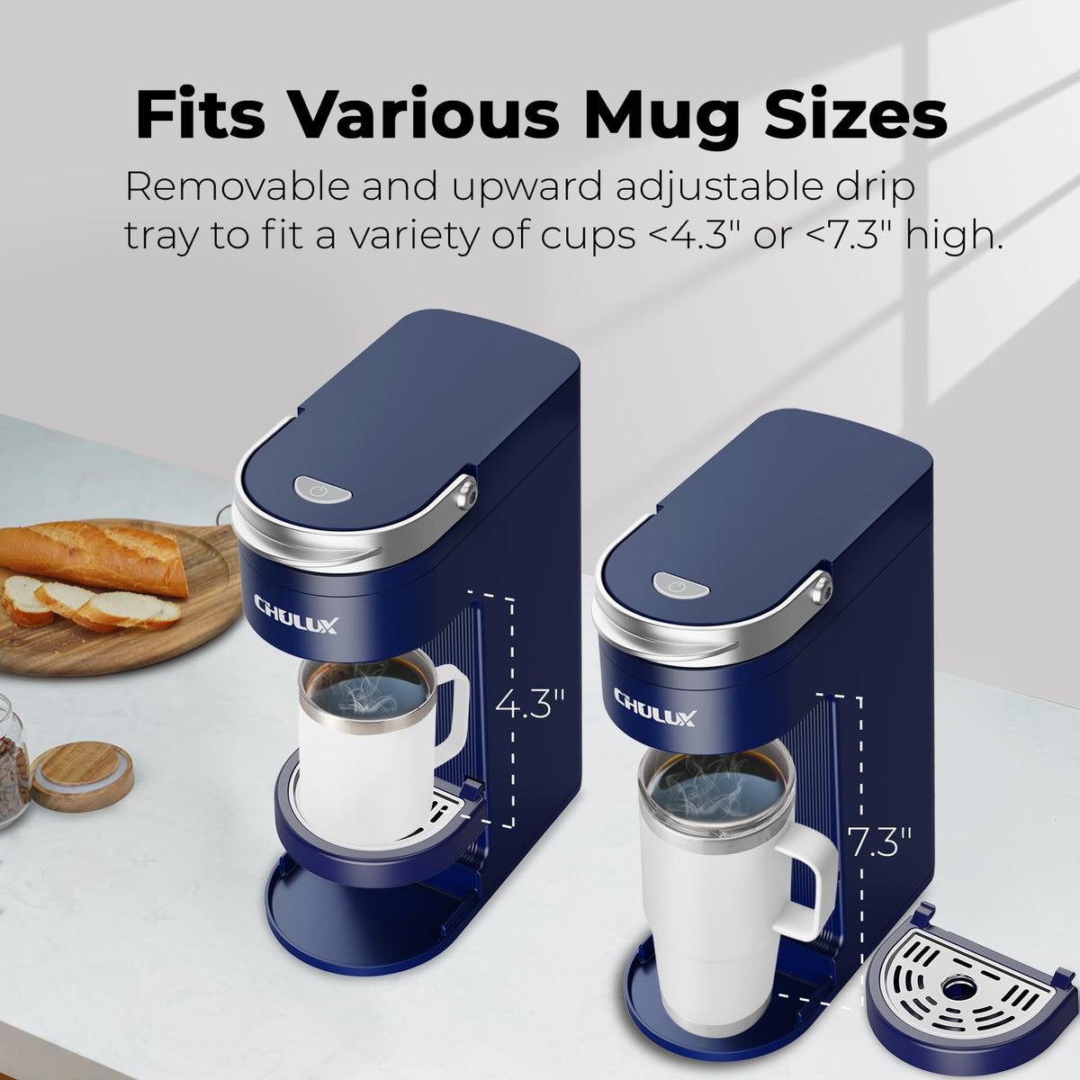 Slim Single Serve Coffee Maker with 6 to 12oz Brew Sizes, Navy Blue E95769