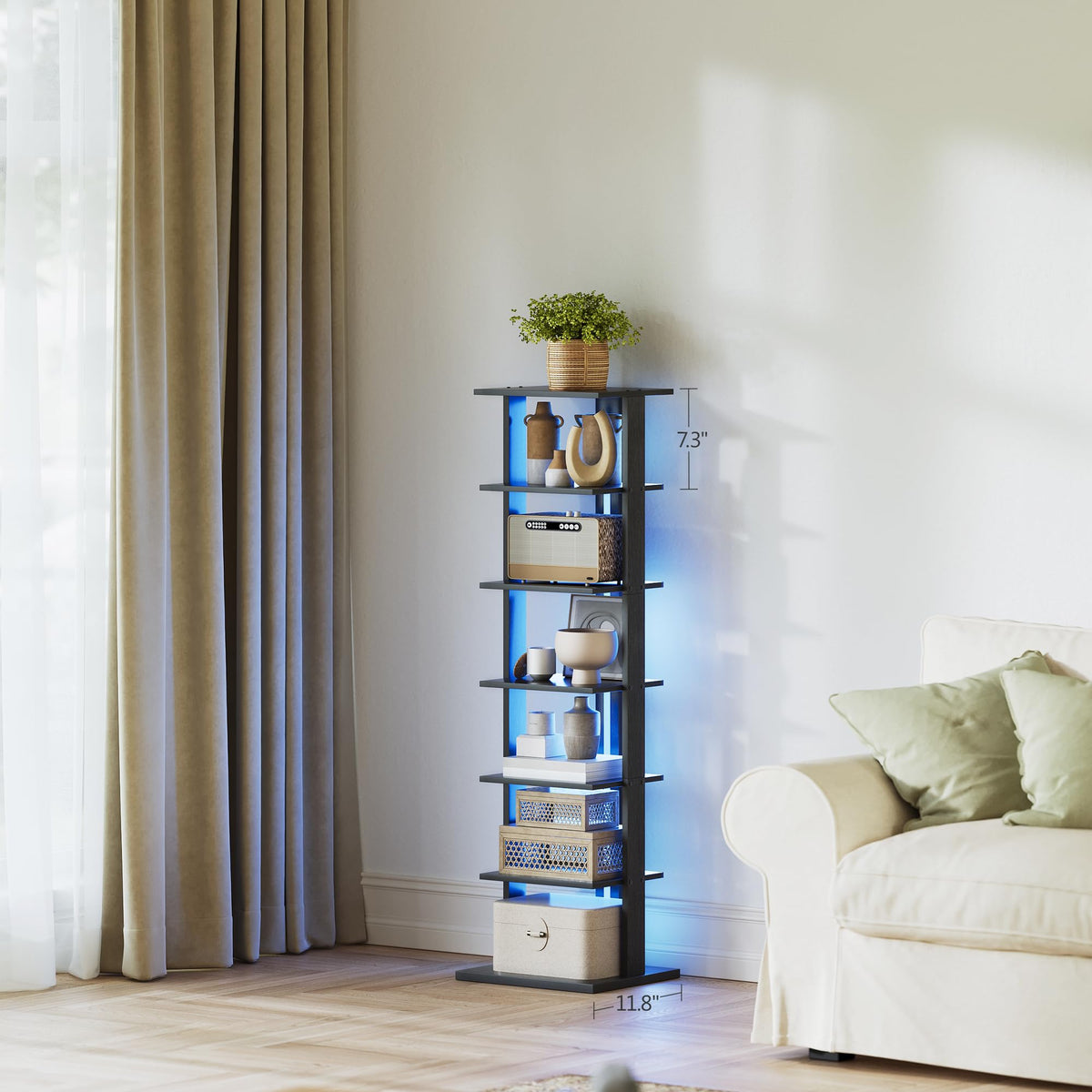 Black 7-Tier Narrow Bookshelf with LED Lights M697