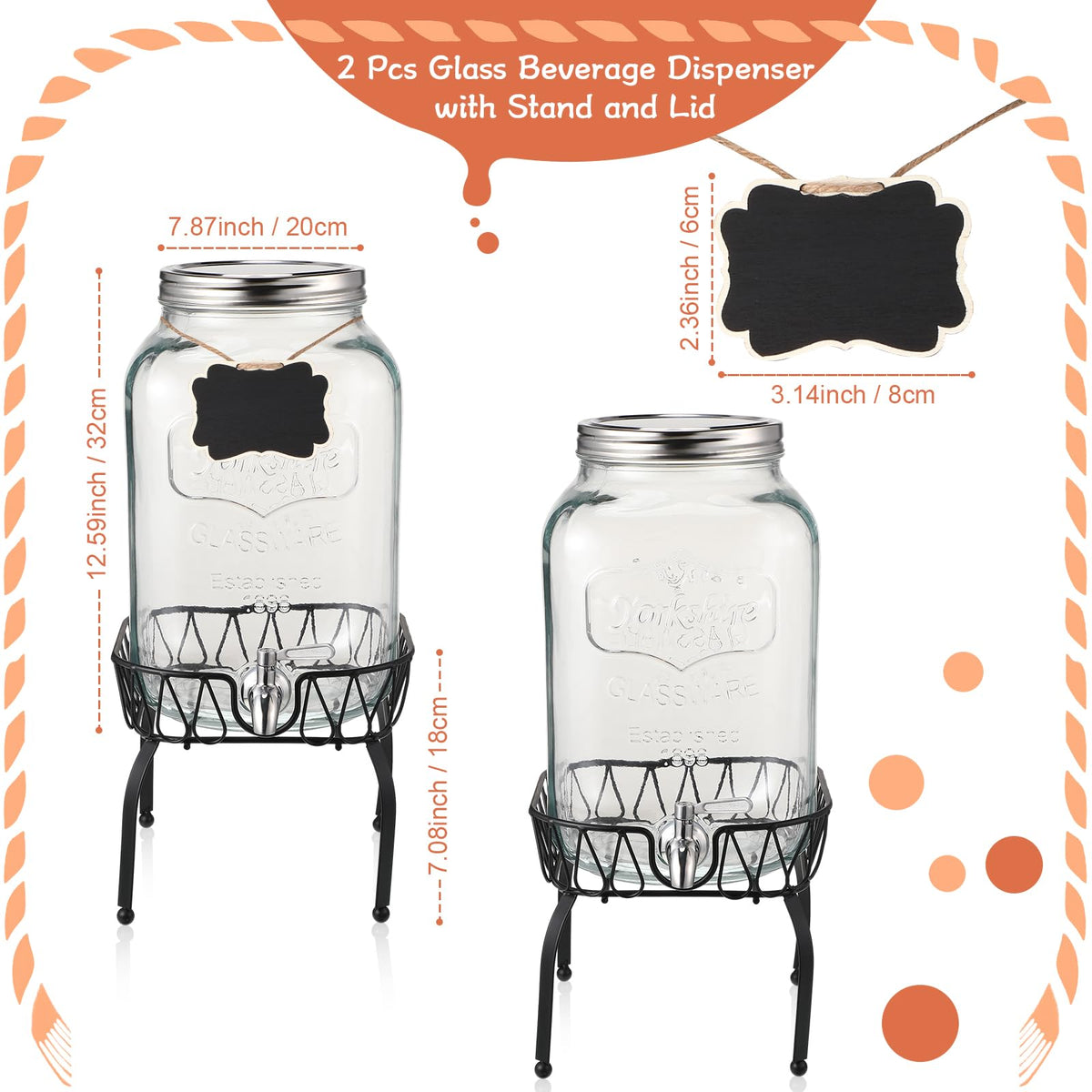 2 Pack 2 Gallon Glass Drink Dispenser with Stand A17318