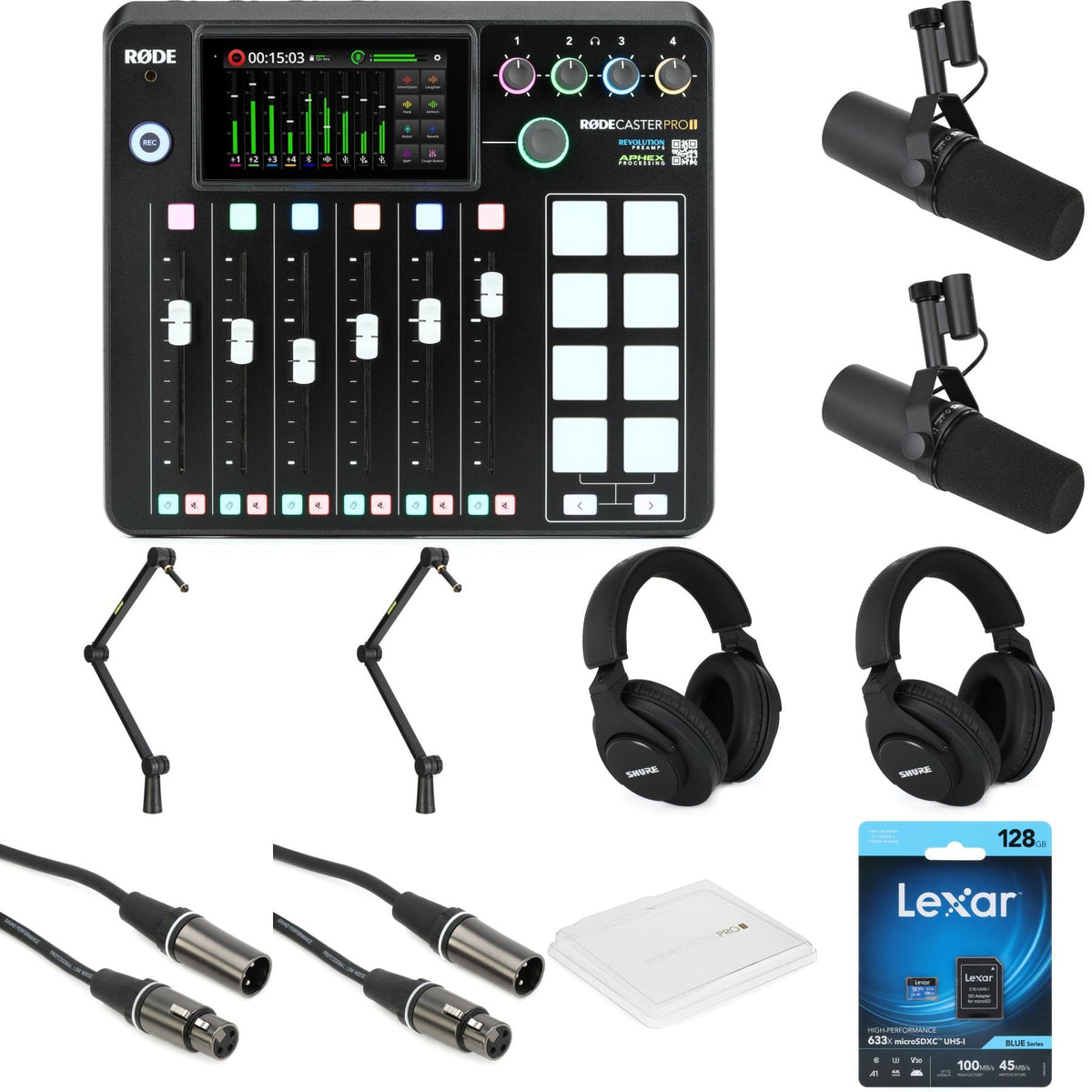 2 Person Podcasting Bundle with Dynamic Microphones, Headphones, XLR Cables, SD Card, Boom Arms, and Dust Cover E764