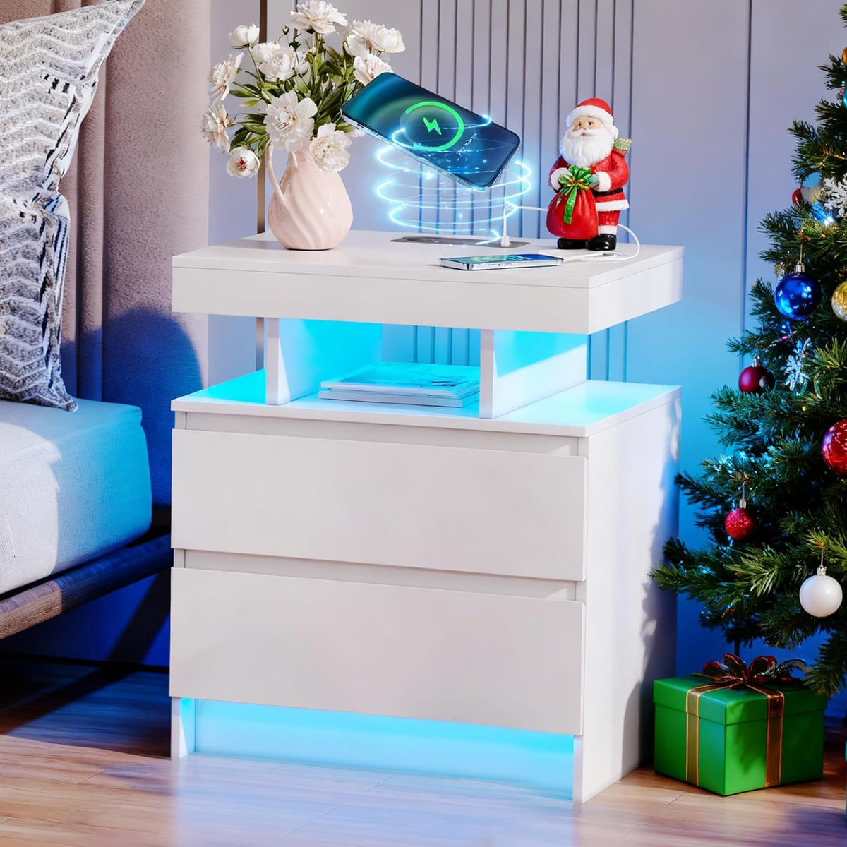 LED Nightstand with Charging Station White V57422