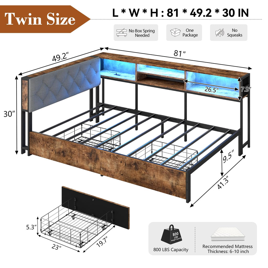 Twin Size Corner Bed Frame with Storage and Headboard L9679