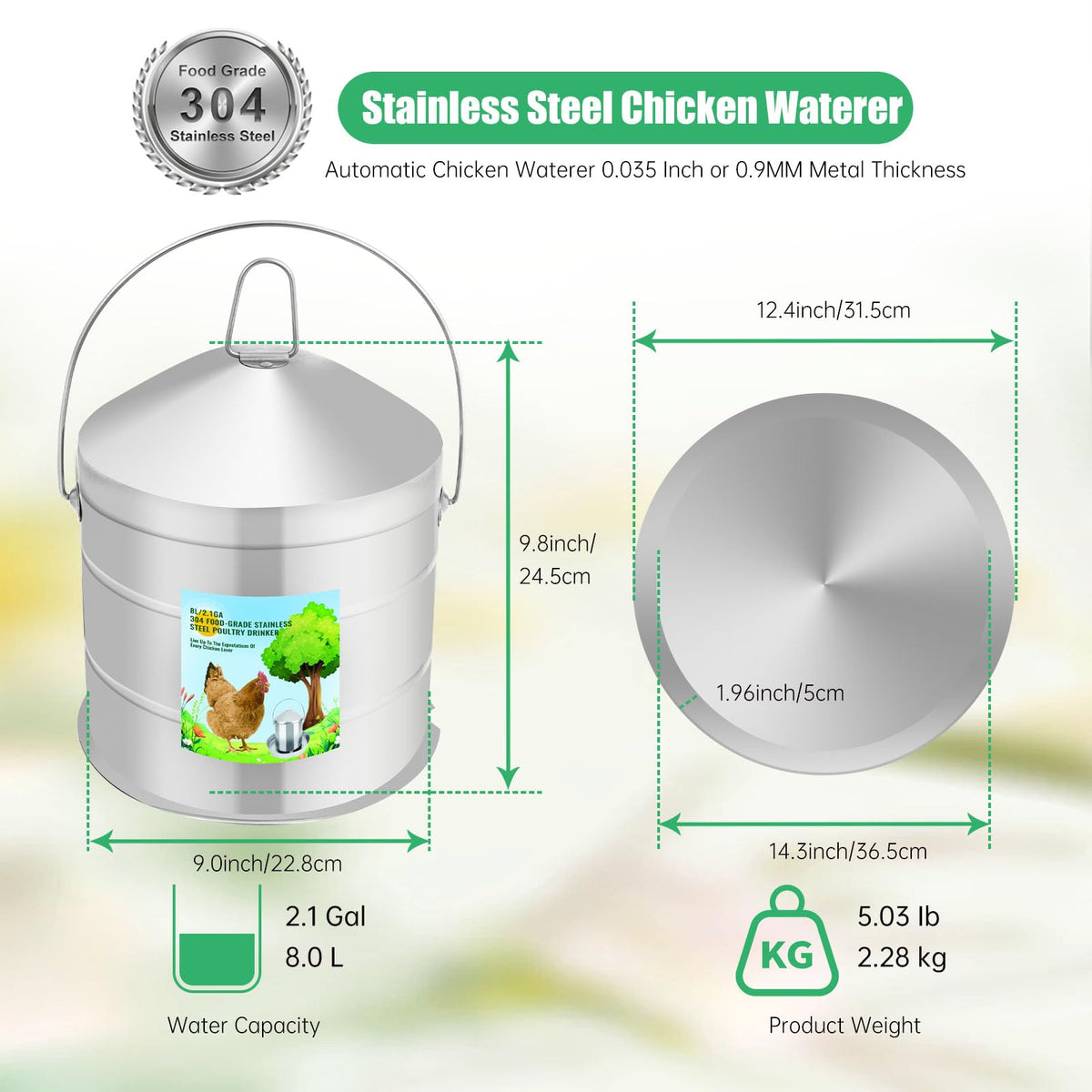 304 Food Grade Stainless Steel Automatic Chicken Waterer 8L/2.1Gal D72768