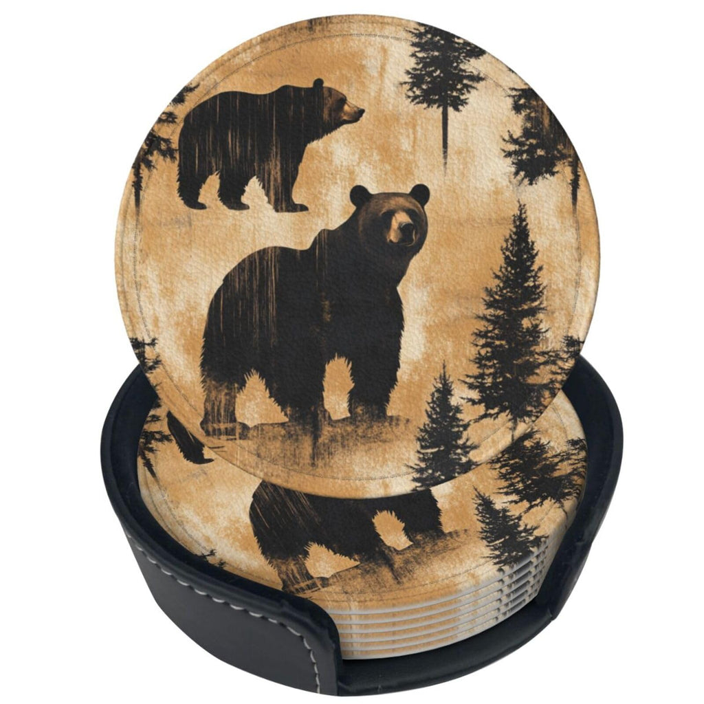 Black Leather Coasters with Holder V81502