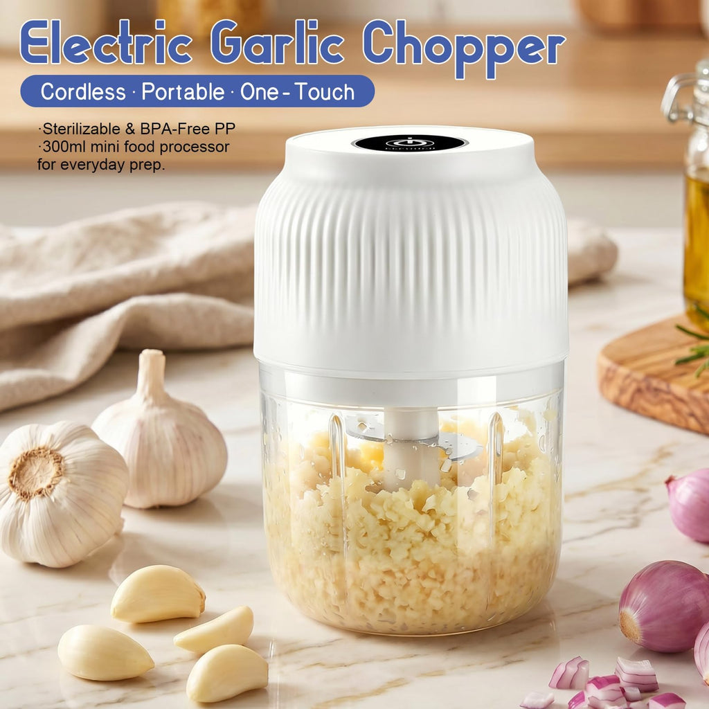 Electric Garlic Chopper, Mini Food Processor, Portable Cordless Garlic Mincer with 4 Stainless Steel Blades, Blue, 300ML Q17521