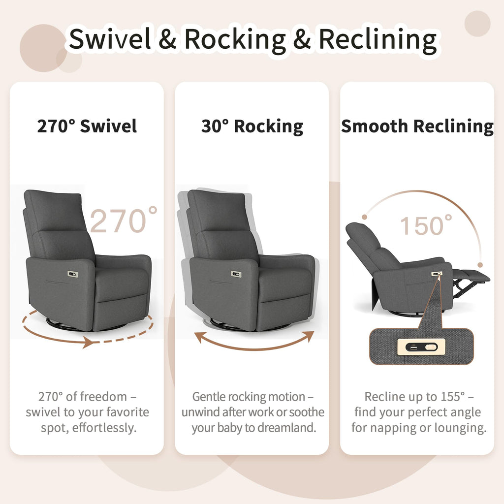 Light Brown Rubberwood Dark Gray Velvet Swivel Rocker Recliner Chair N467246