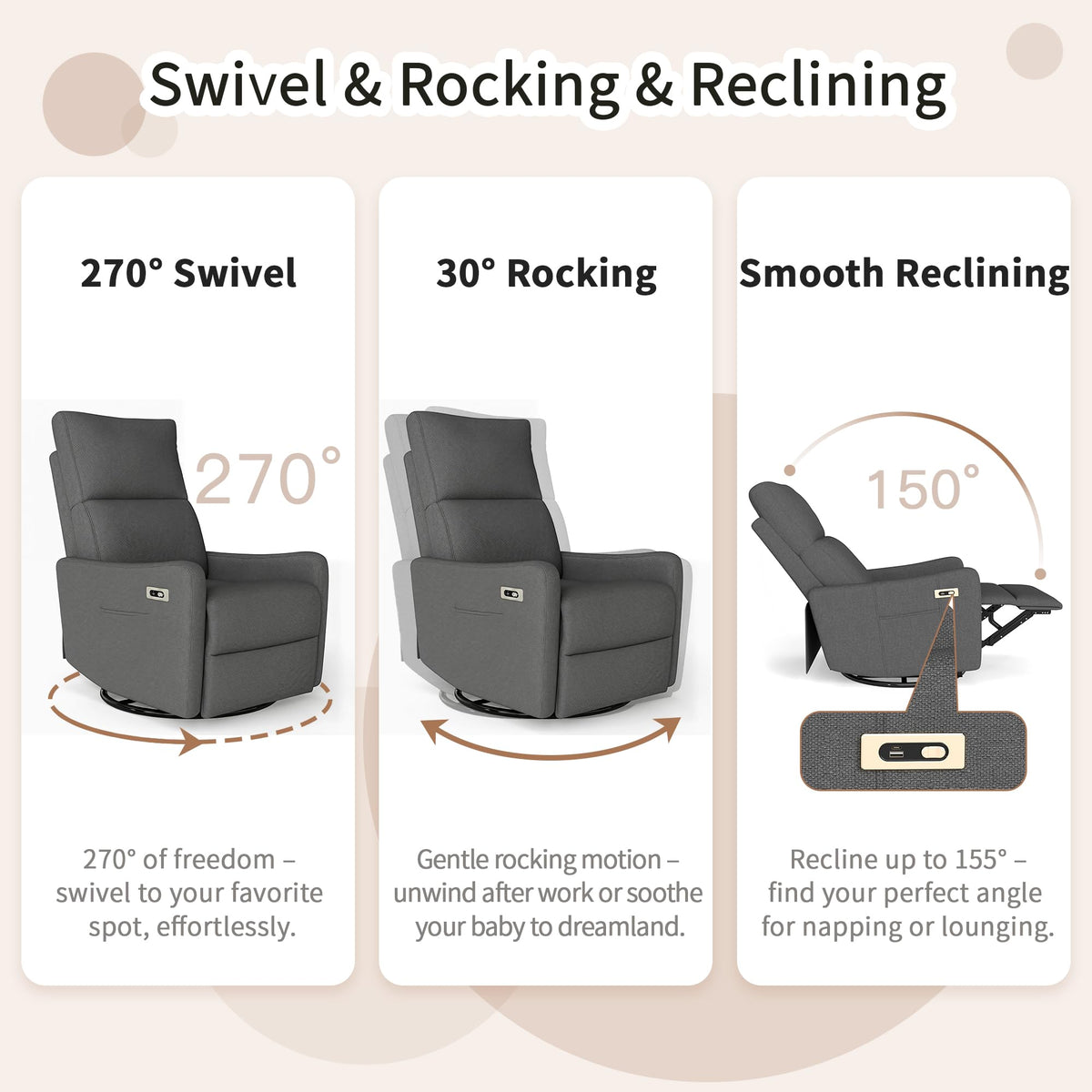 Light Brown Rubberwood Dark Gray Velvet Swivel Rocker Recliner Chair N467246