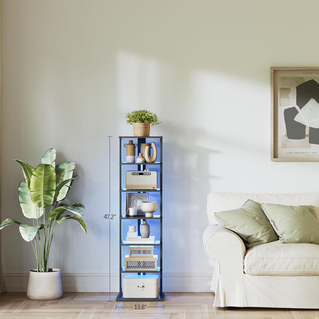 Black 7-Tier Narrow Bookshelf with LED Lights M697