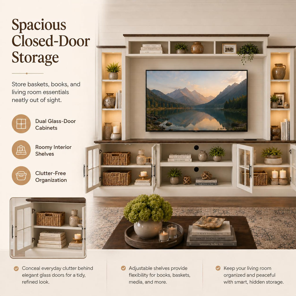 White TV Stand with Bookshelf Cabinet and Barn Doors X218