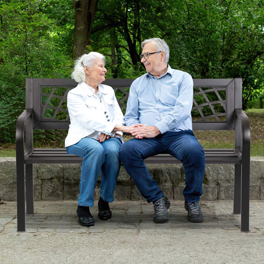 Black Metal Outdoor Patio Bench with Armrests A285