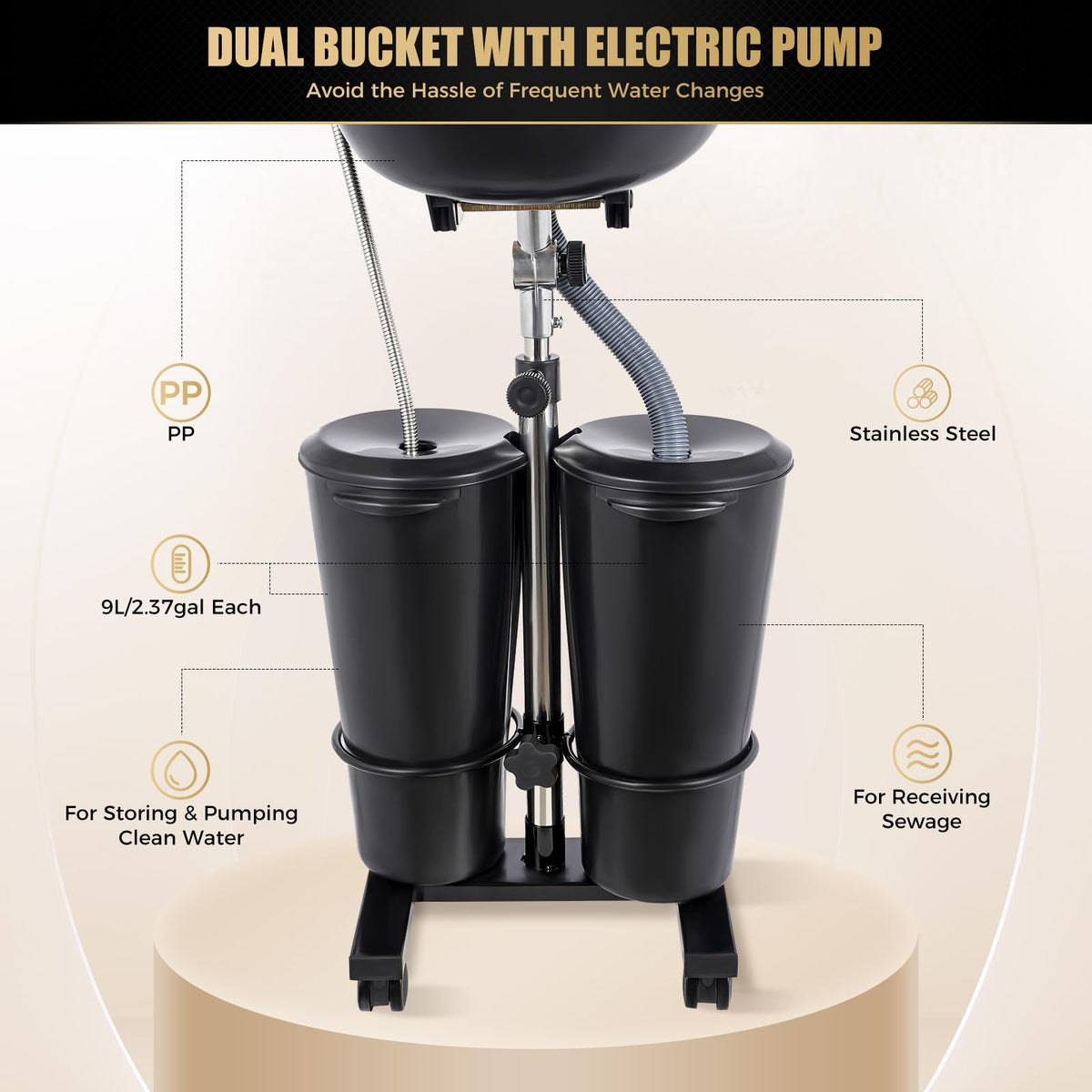 Portable Shampoo Basin with 2 Buckets, Height Adjustable Y805