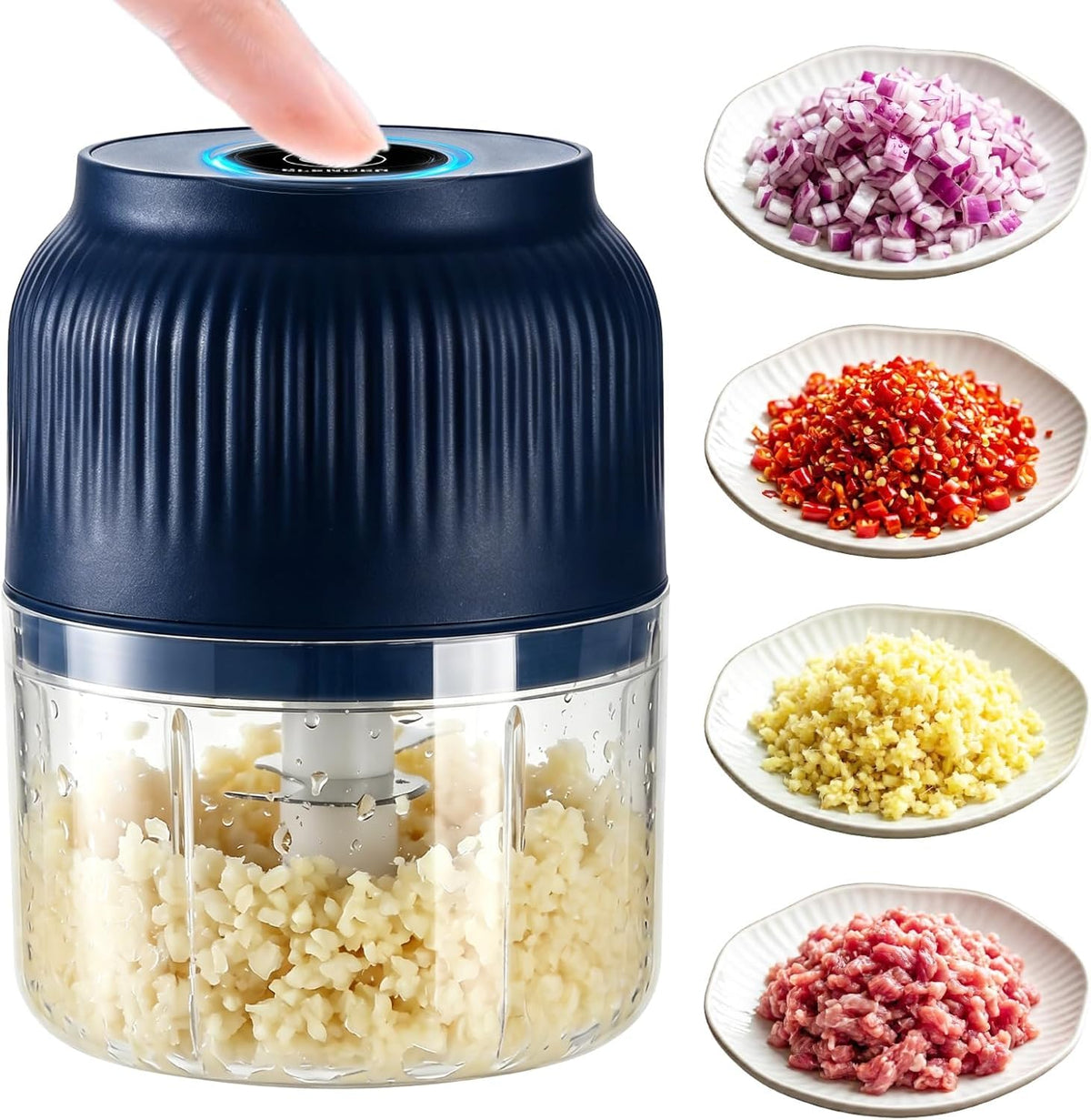 Electric Garlic Chopper, Mini Food Processor, Portable Cordless Garlic Mincer with 4 Stainless Steel Blades, Blue, 300ML Q17521