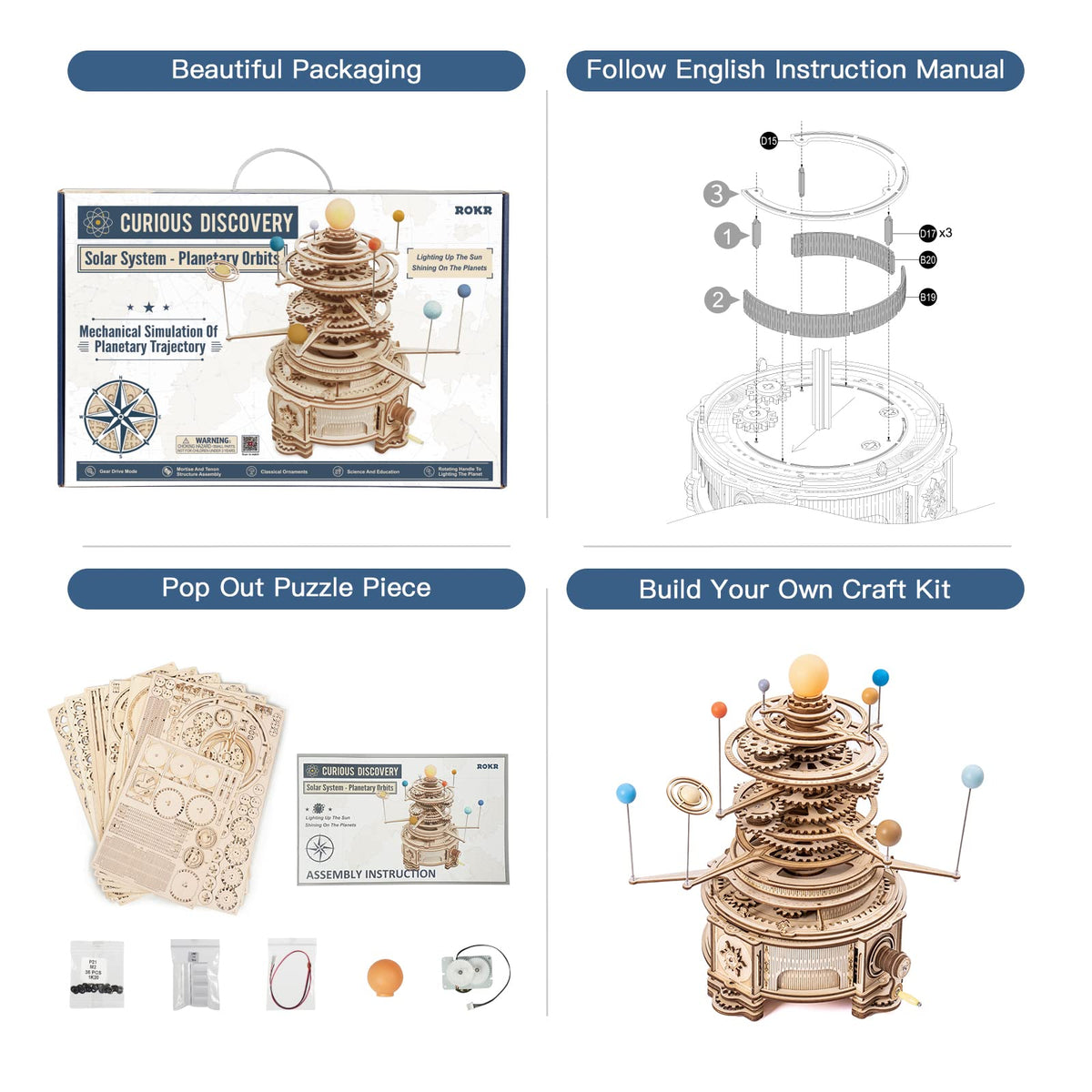 3D Wooden Puzzle Mechanical Building Set 8 Orbiting Planets W236