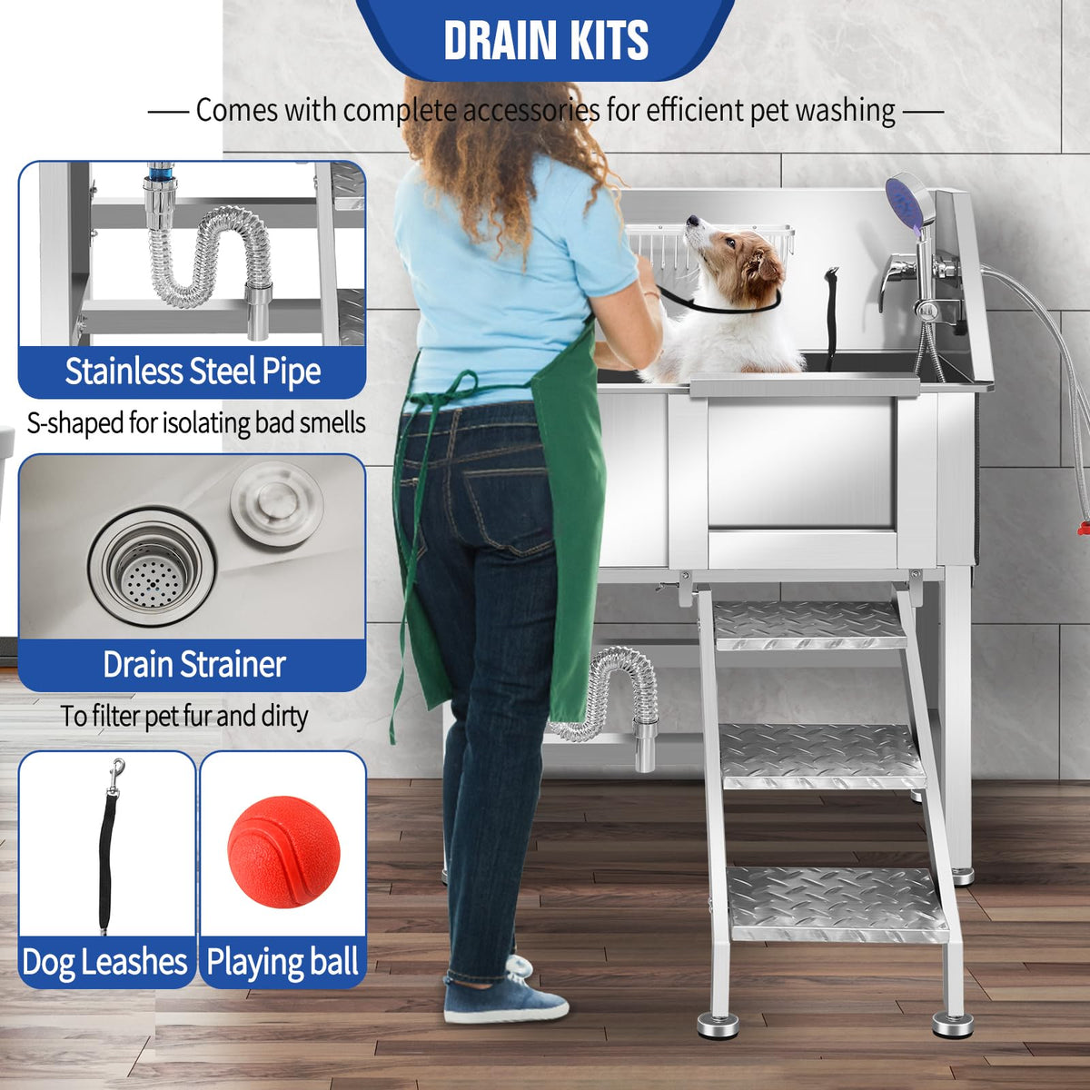 Stainless Steel Dog Washing Station with Stairs I60712