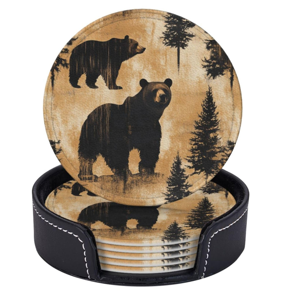 Black Leather Coasters with Holder V81502