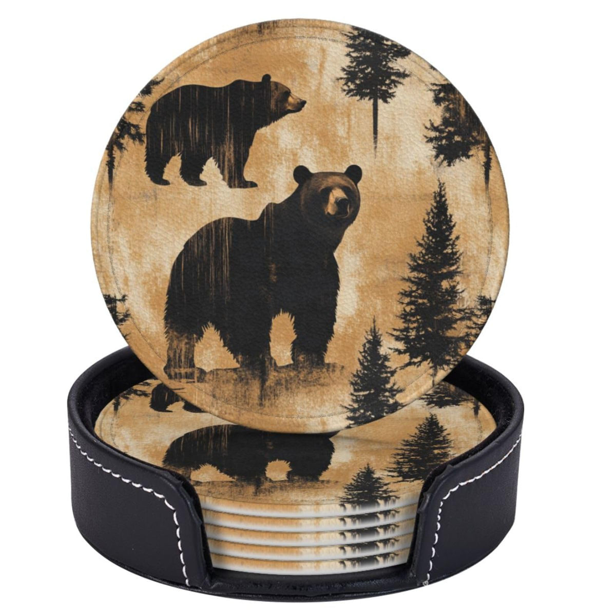 Black Leather Coasters with Holder V81502