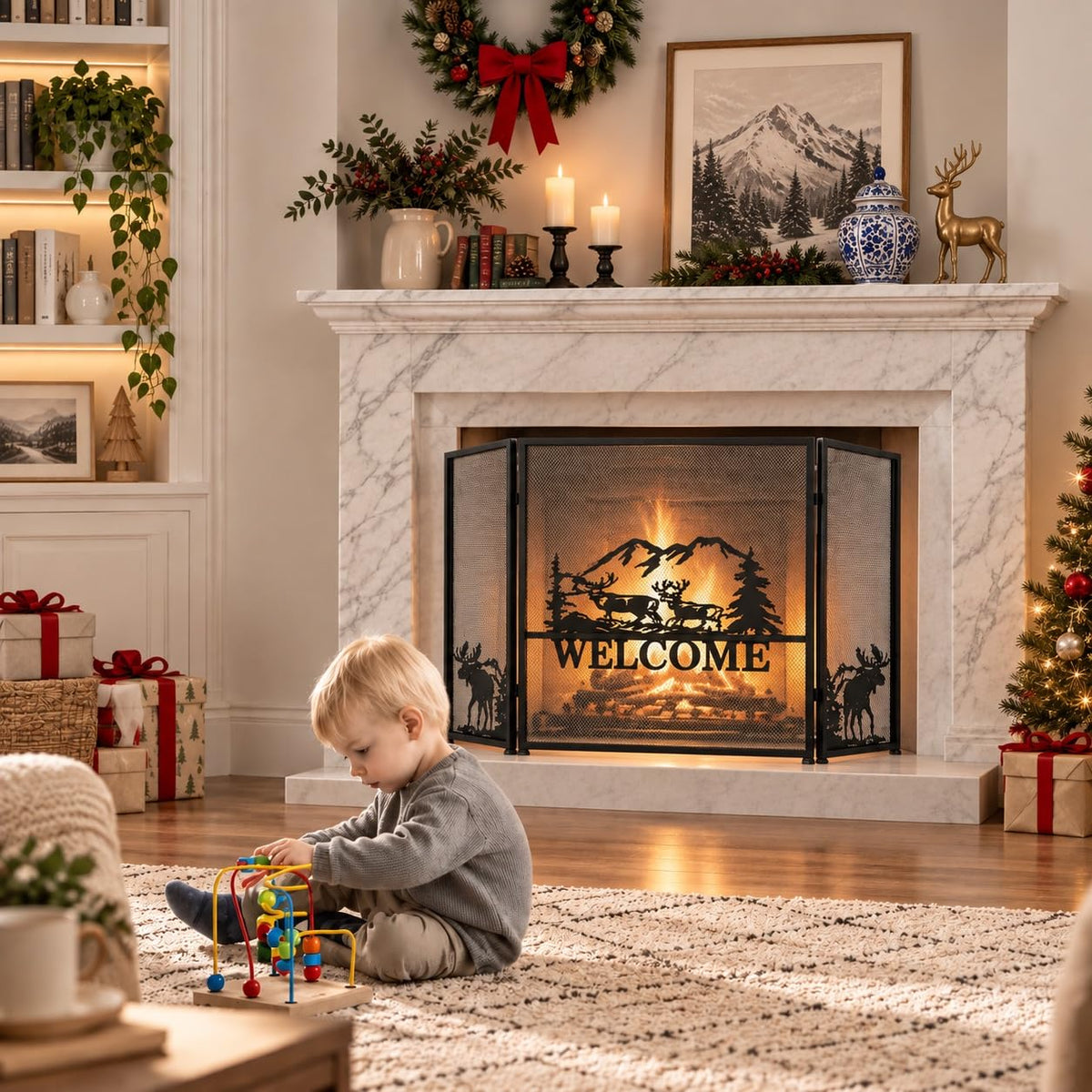Foldable Fireplace Screen with Moose Pattern L67680