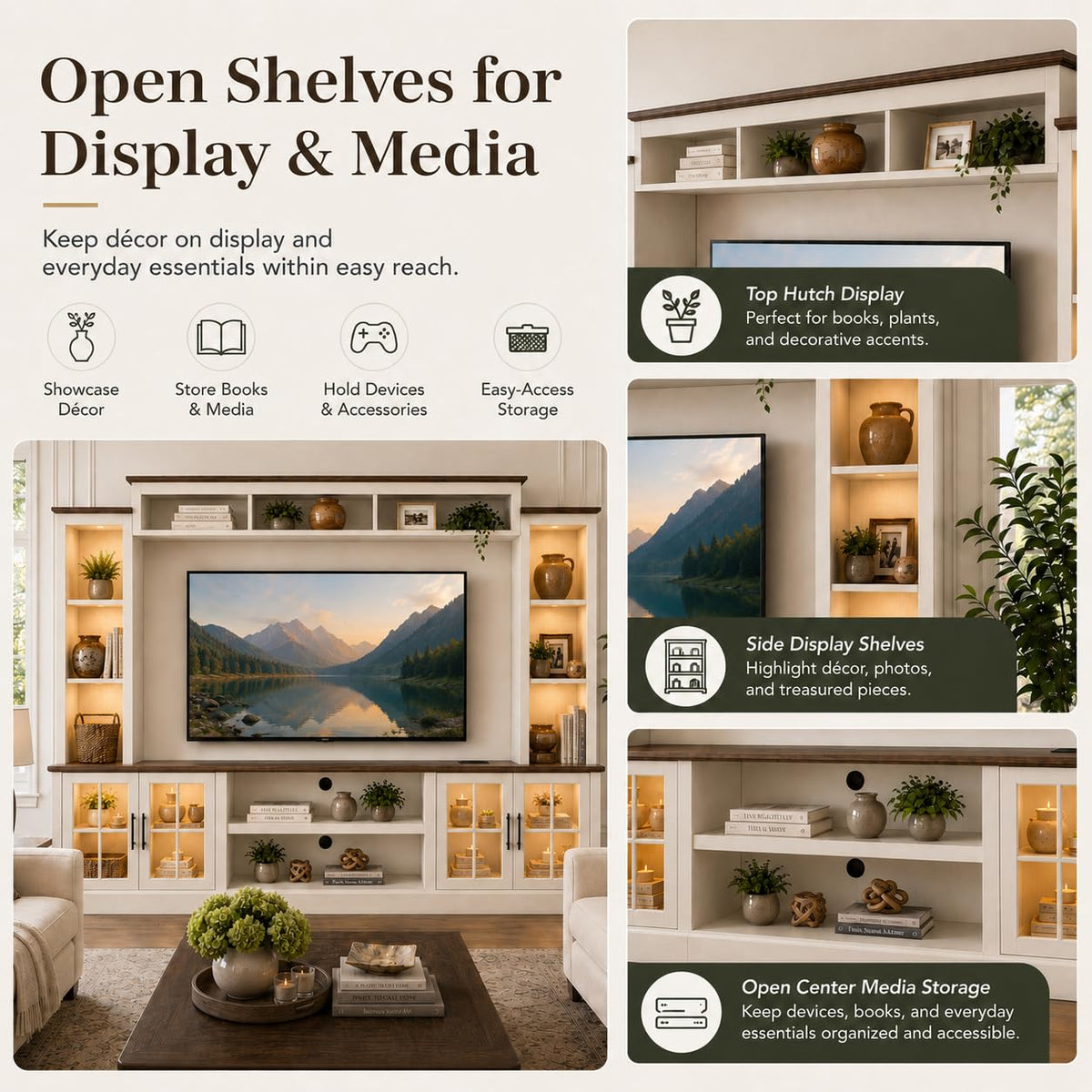 White TV Stand with Bookshelf Cabinet and Barn Doors X218