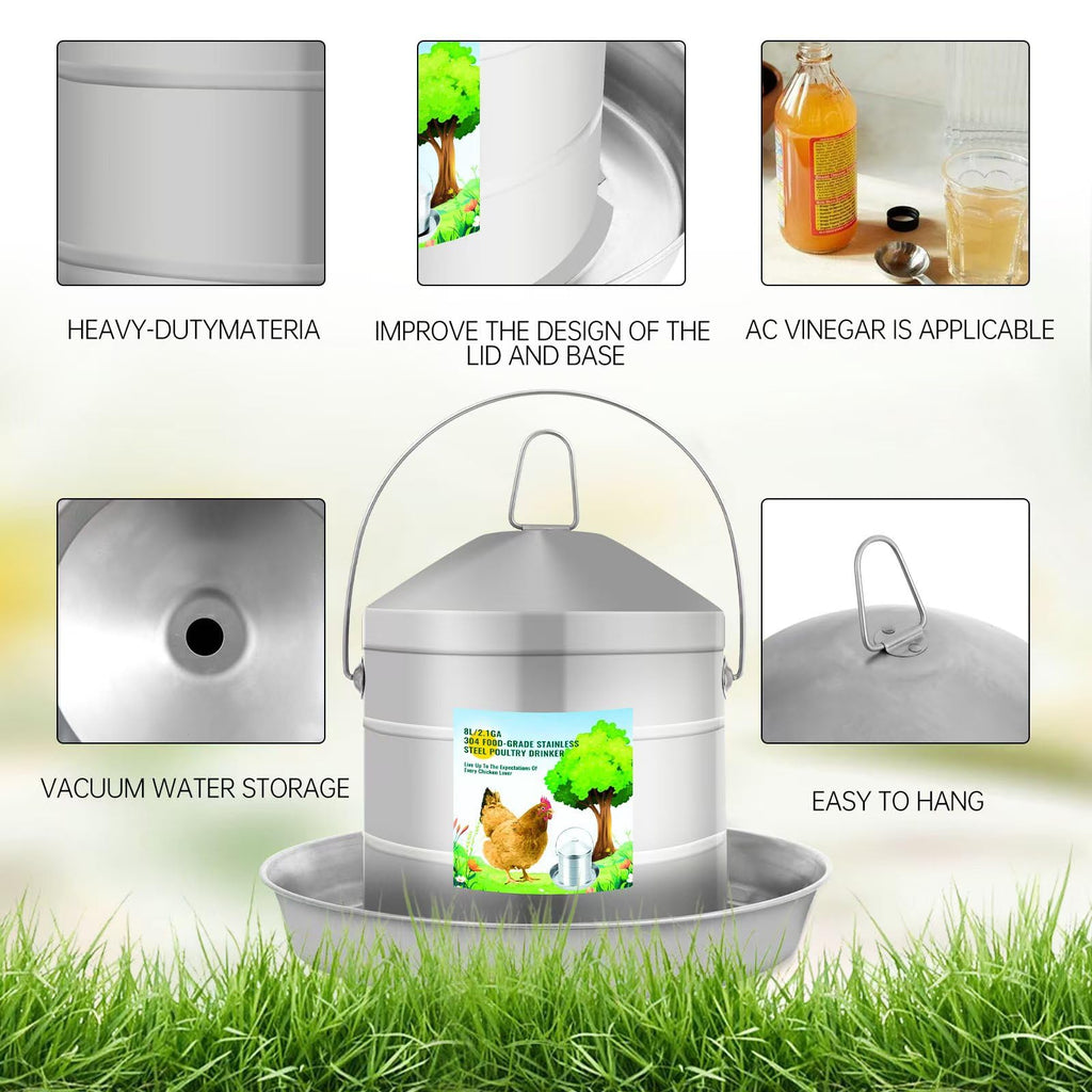 304 Food Grade Stainless Steel Automatic Chicken Waterer 8L/2.1Gal D72768