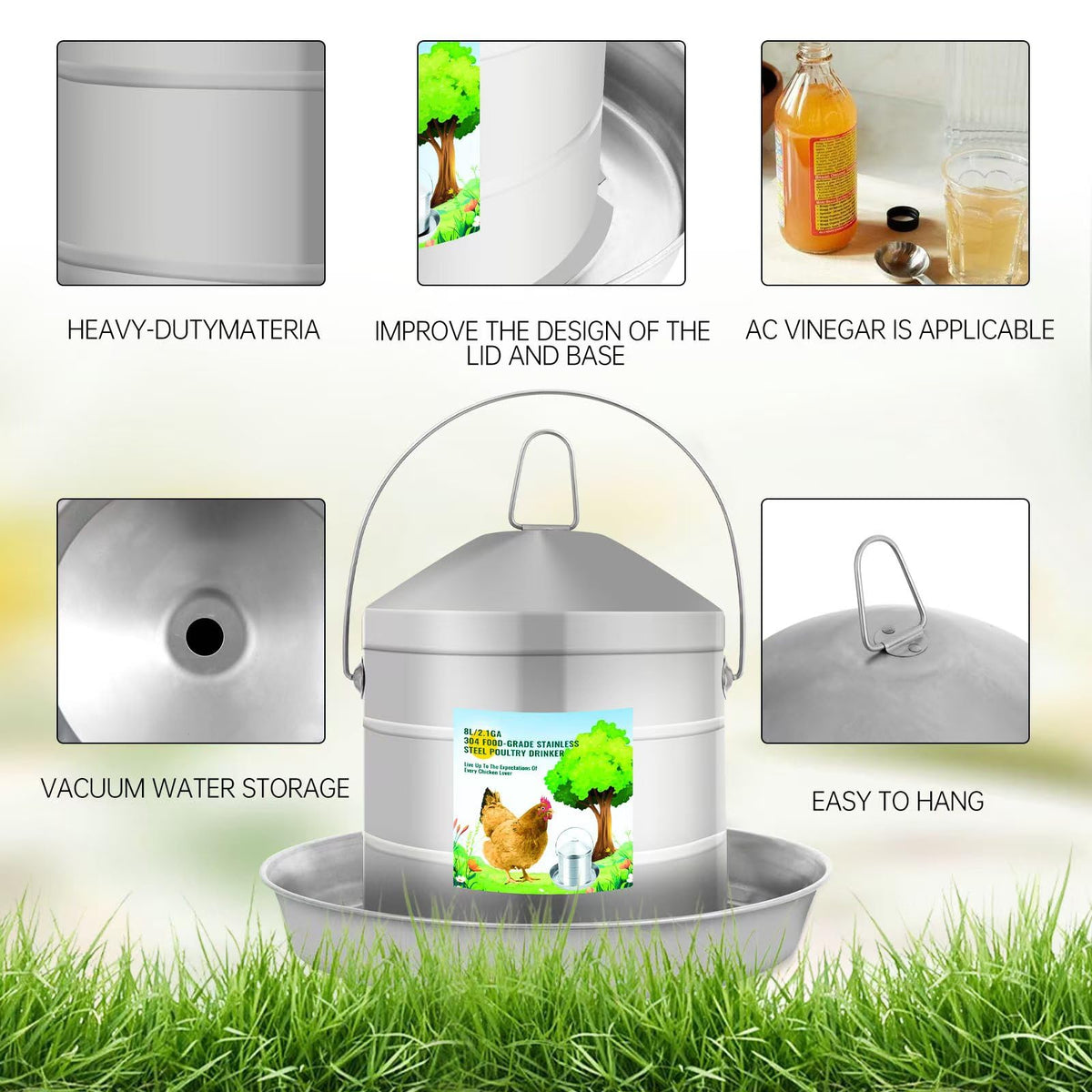 304 Food Grade Stainless Steel Automatic Chicken Waterer 8L/2.1Gal D72768