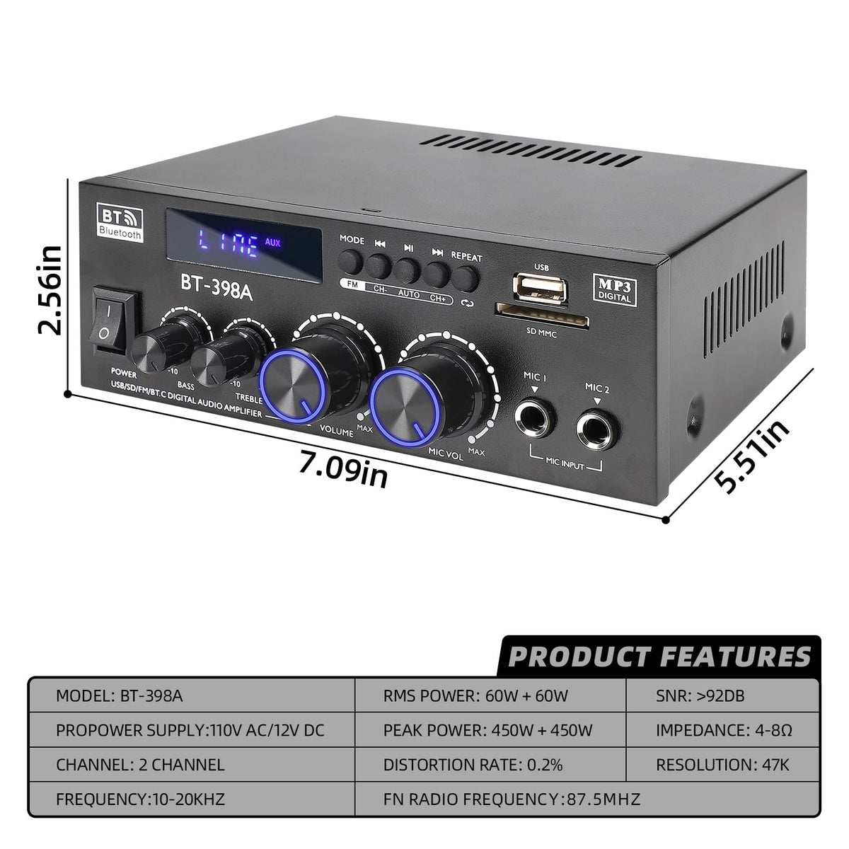 Bluetooth 5.0 Stereo Receivers, 2 Channel 450W Home Amplifier J752398