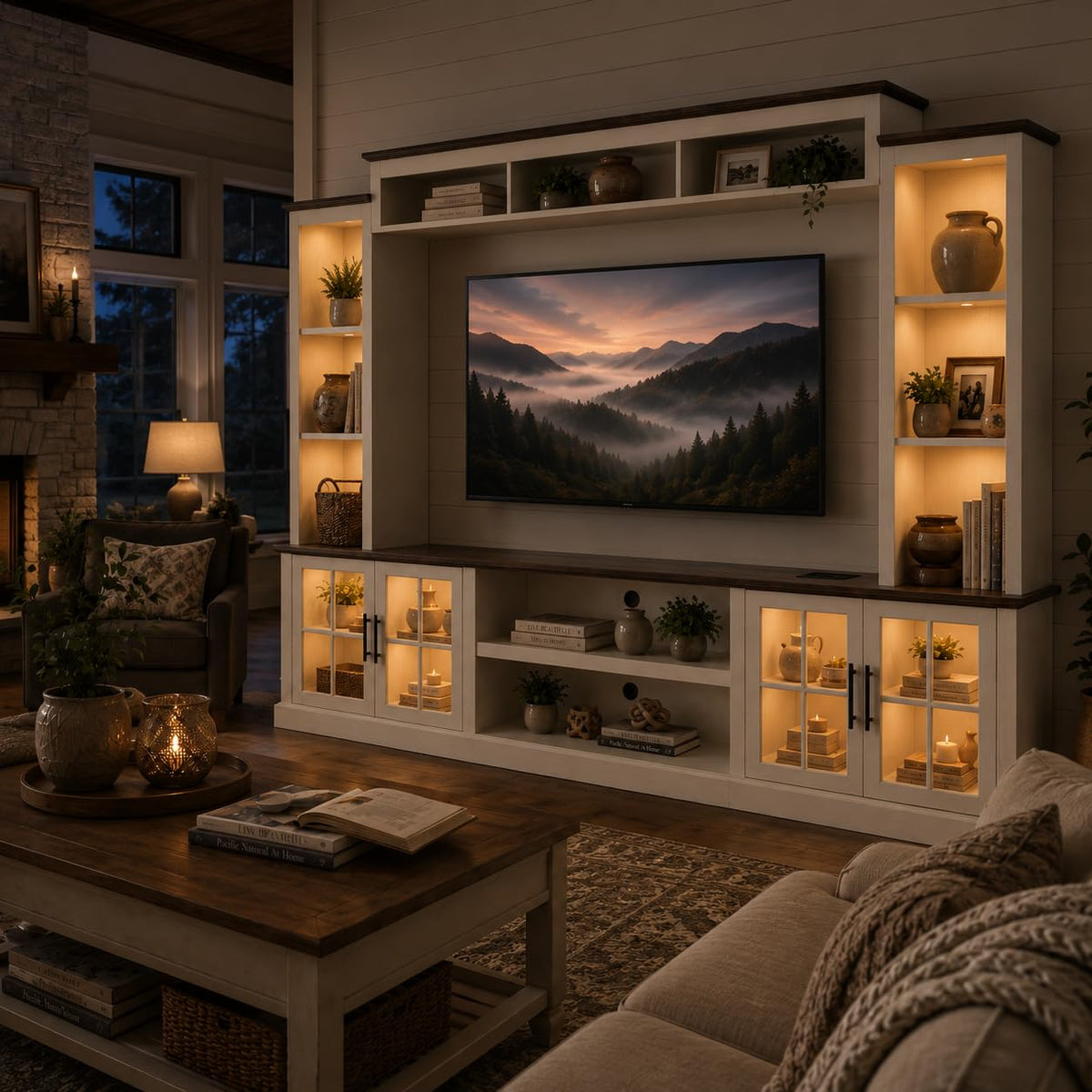 White TV Stand with Bookshelf Cabinet and Barn Doors X218