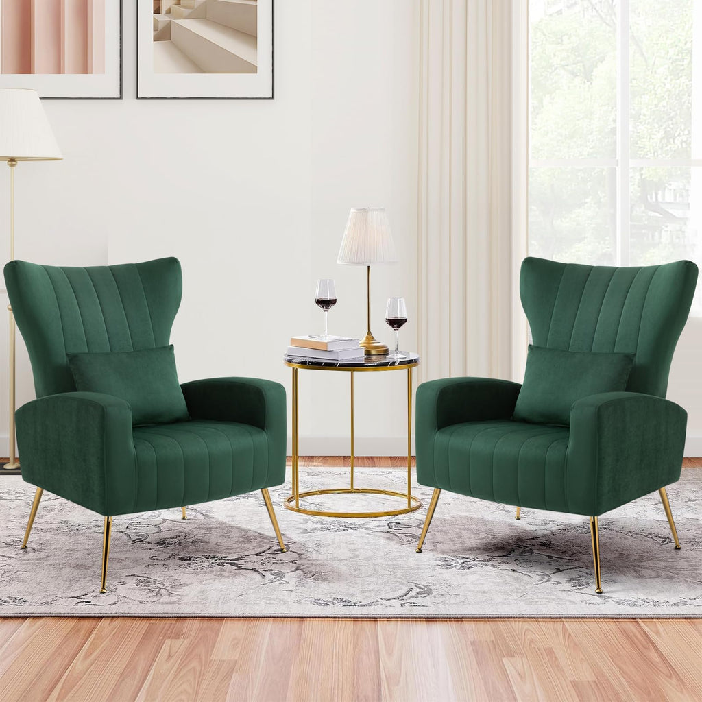 Green Velvet Accent Chairs Set of 2 with Lumbar Pillow Z698173