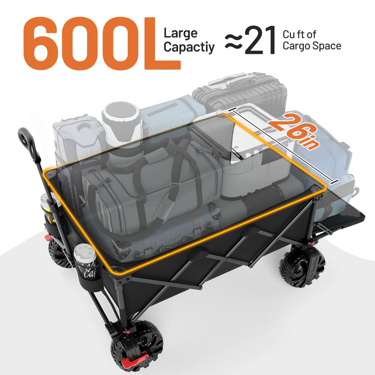 26" Extra Wide All Terrain Folding Wagon with Big Wheels, Cargo Net & Tailgate, 400lbs Heavy Duty Collapsible Cart, Black C88730